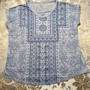 🔵 Elegant Blue Patterned Women’s Top – Lotus Floral Boho Silk Screen 🔵